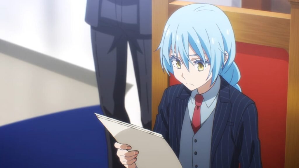 Rimuru is wearing a formal suit and reviewing papers during the tense Council of the West meeting..